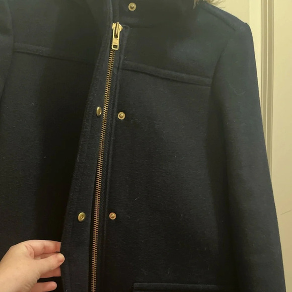 J. Crew Mercantile Navy Blue Wool Blend Coat Fur Trim Hood Jacket 00/ XS Women’s - Picture 4 of 7
